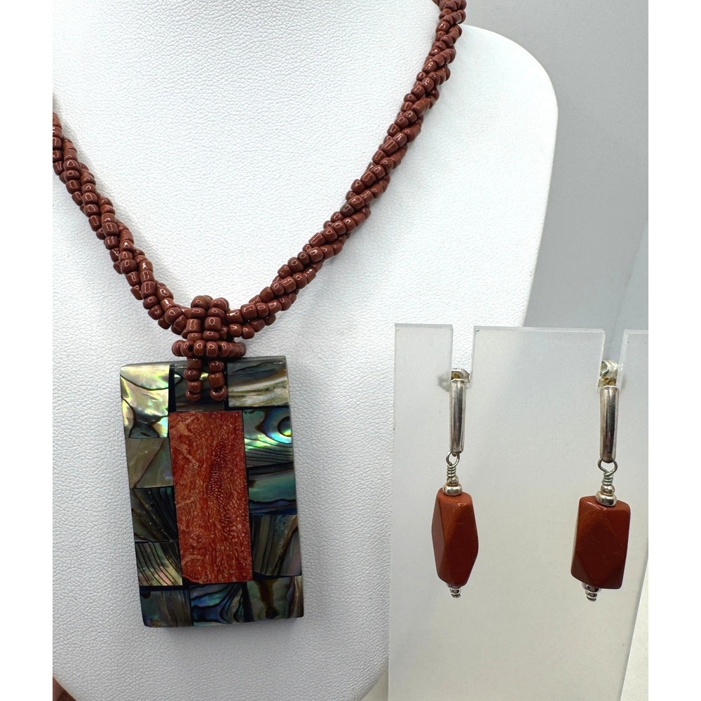 Artisan Abalone Shell & Coral Mosaic Pendant Necklace & Earring Set Brown Beaded